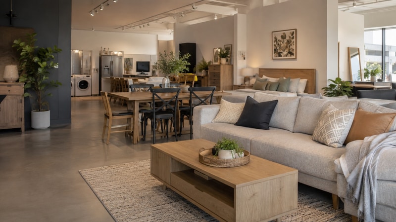 Lounge, dining, bedroom furniture and appliances styled together in the LifeSpace showroom