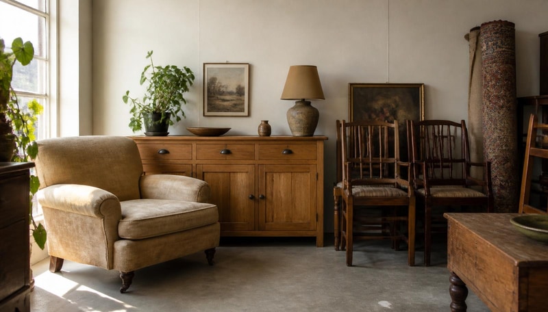 Secondhand armchair, sideboard and timber dining chairs in the LifeSpace showroom
