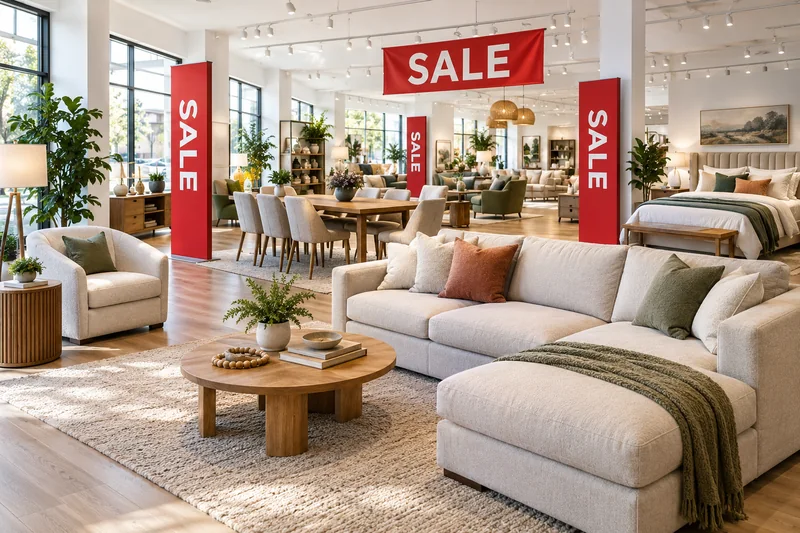 Lounge, dining and bedroom furniture beneath red SALE banners in a bright showroom